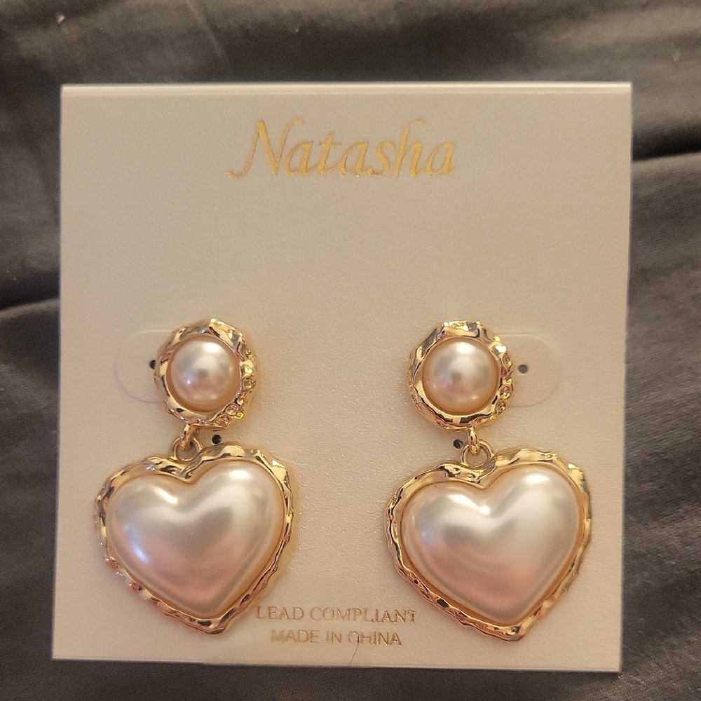Natasha Couture Gold and Pearl Heart Drop Earrings